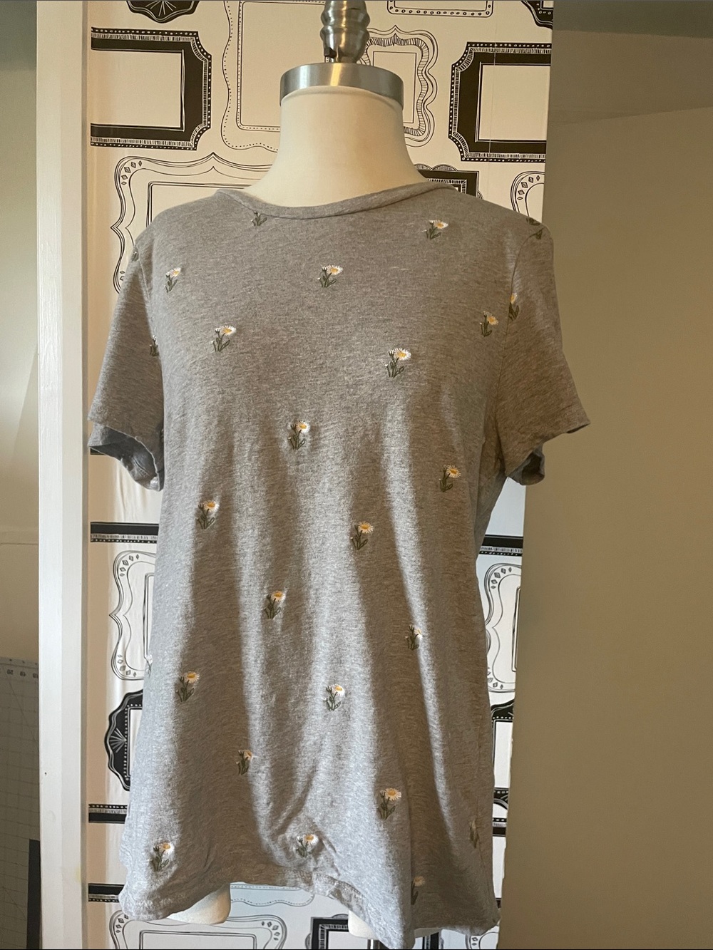 Lucky Brand Gray Tee with White Daisy Embroidery